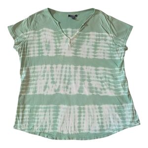 CHAPS by Ralph Lauren Cotton Green White Tie-Dye V-Neck SL Top Women's 2X